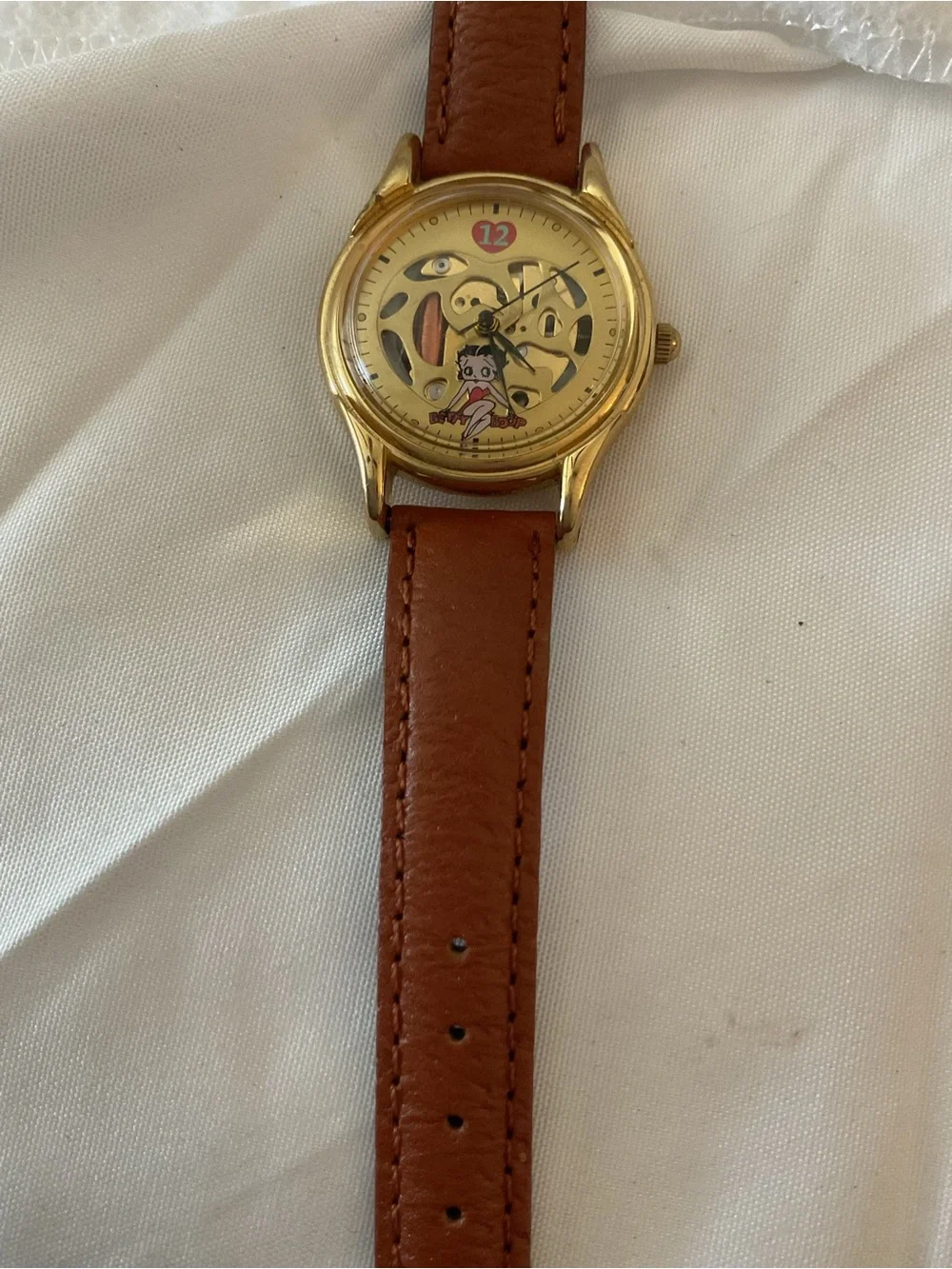 Betty Boop Gold Tone Mechanical Watch with Brown Leather Strap Never Used